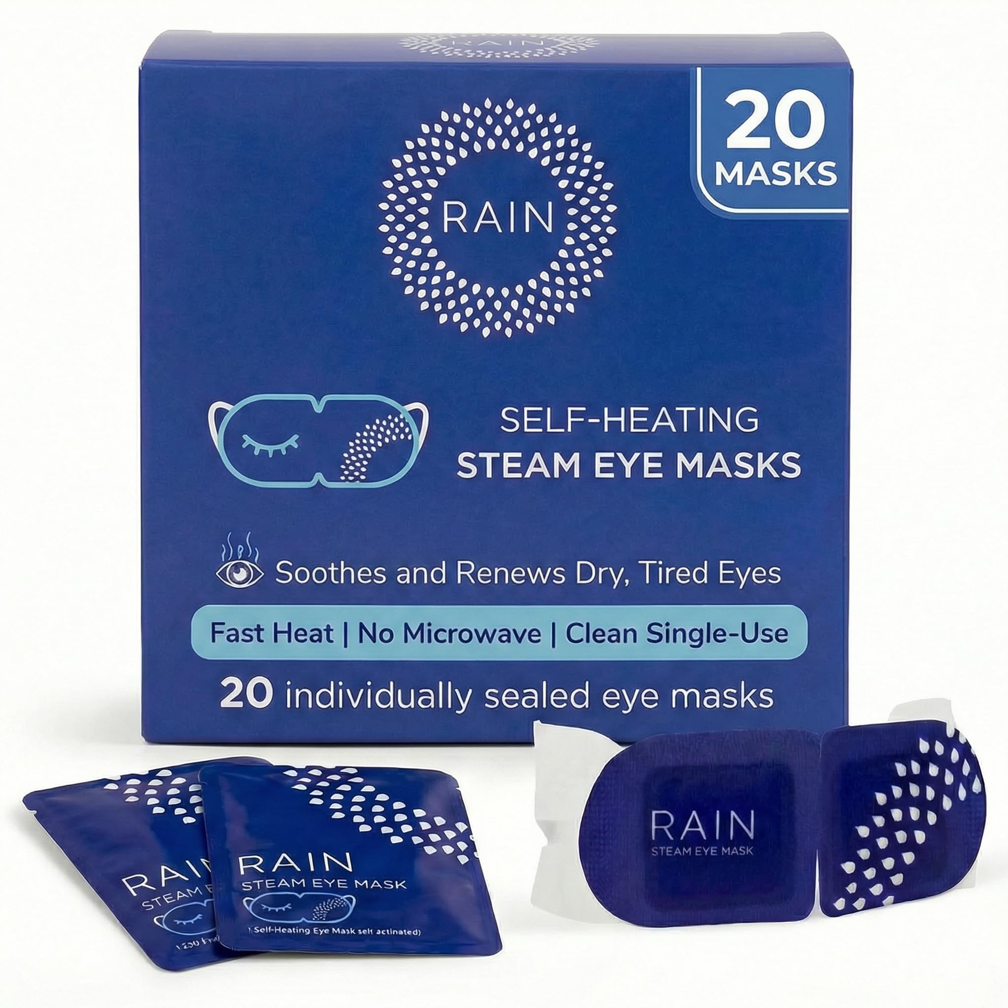 Box of 20 disposable Rain self-heating steam eye masks providing moist heat therapy for dry eye relief.