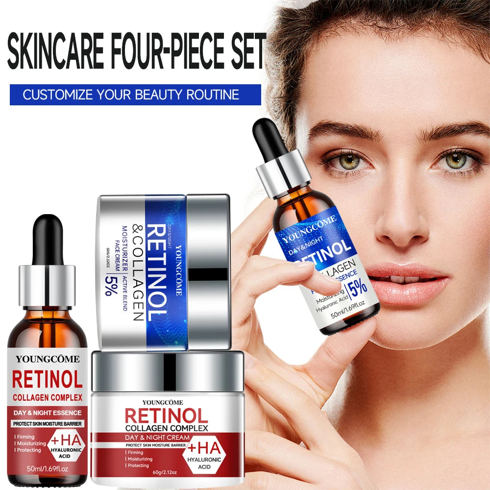 Skincare four-piece set with Retinol and Collagen Complex products and a woman holding one of the bottles.