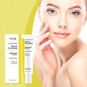 Woman touching her face with Hloygi eye cream and face cream displayed on a yellow background