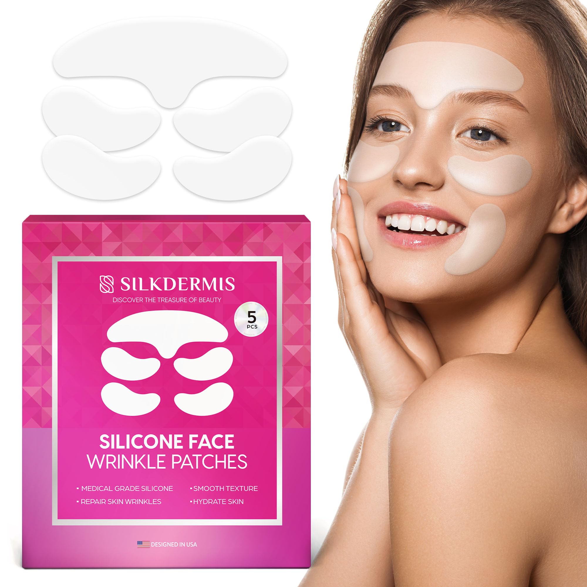 A set of 5 medical-grade silicone patches for forehead, smile lines, and under-eye area to prevent and treat facial wrinkles.