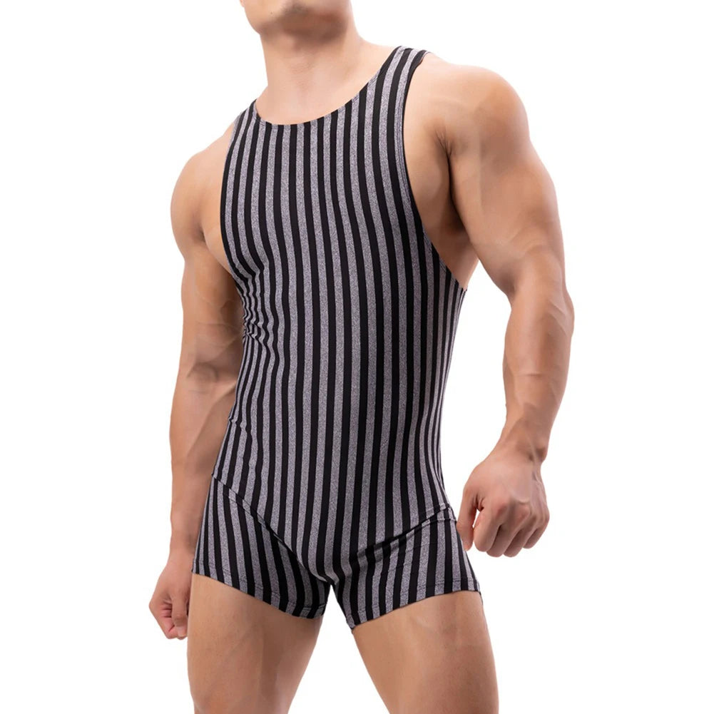 Men Striped Sleeveless Bodysuit Fitness Jumpsuit Sexy Breathable Tight Sports Sleepwear One Piece Outfit