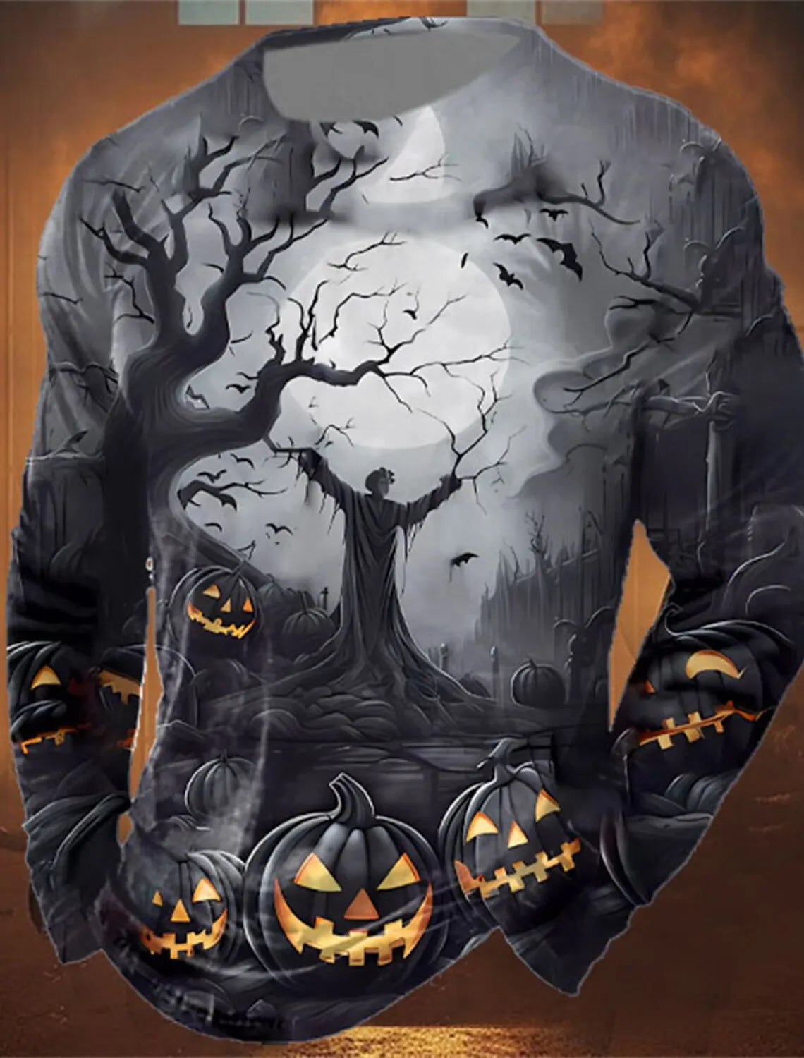 Men 3D Skull Print Long Sleeve T-Shirt O-Neck Halloween Streetwear Fitness Sports Top