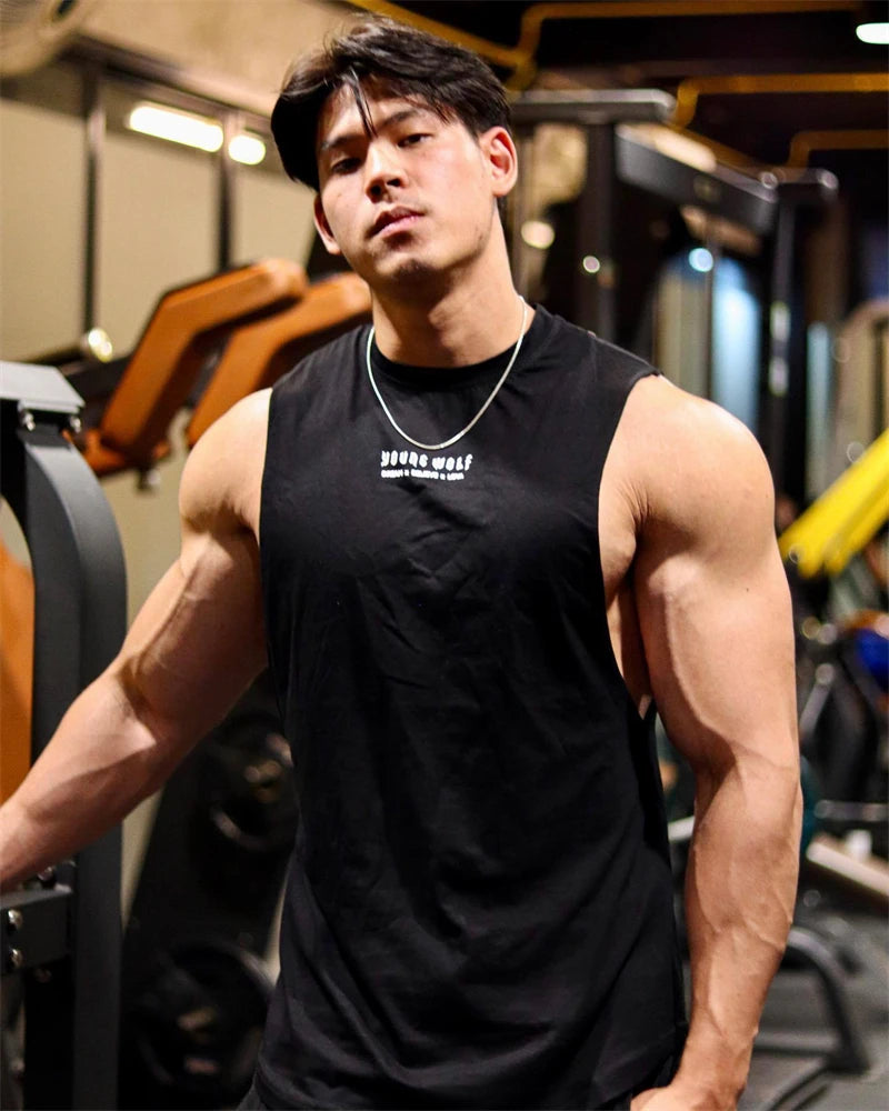 Men Curved Hem Gym Tank Top Sleeveless Workout Vest Bodybuilding Fitness Singlet O-Neck Muscle Shirt