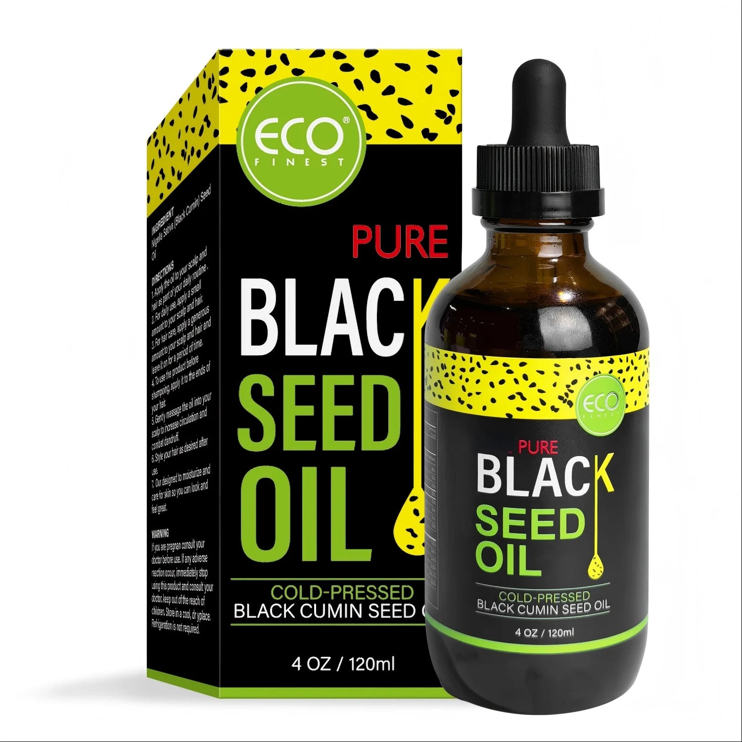 Bottle and packaging of Eco Finest Pure Black Seed Oil on a white background