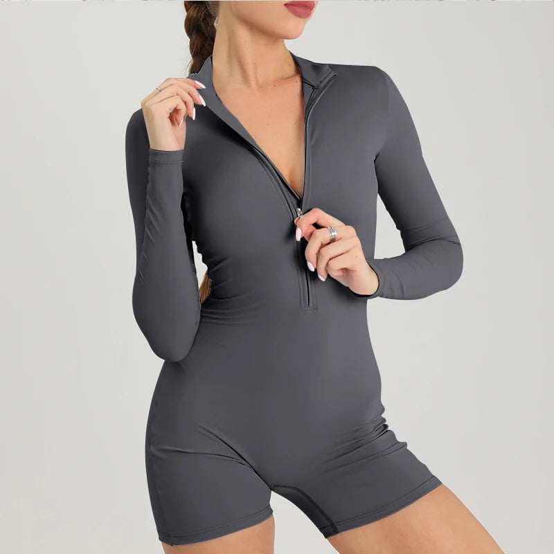 Women Long Sleeve Fitness Jumpsuit One Piece Workout Romper Gym Bodysuit High Stretch Sportswear