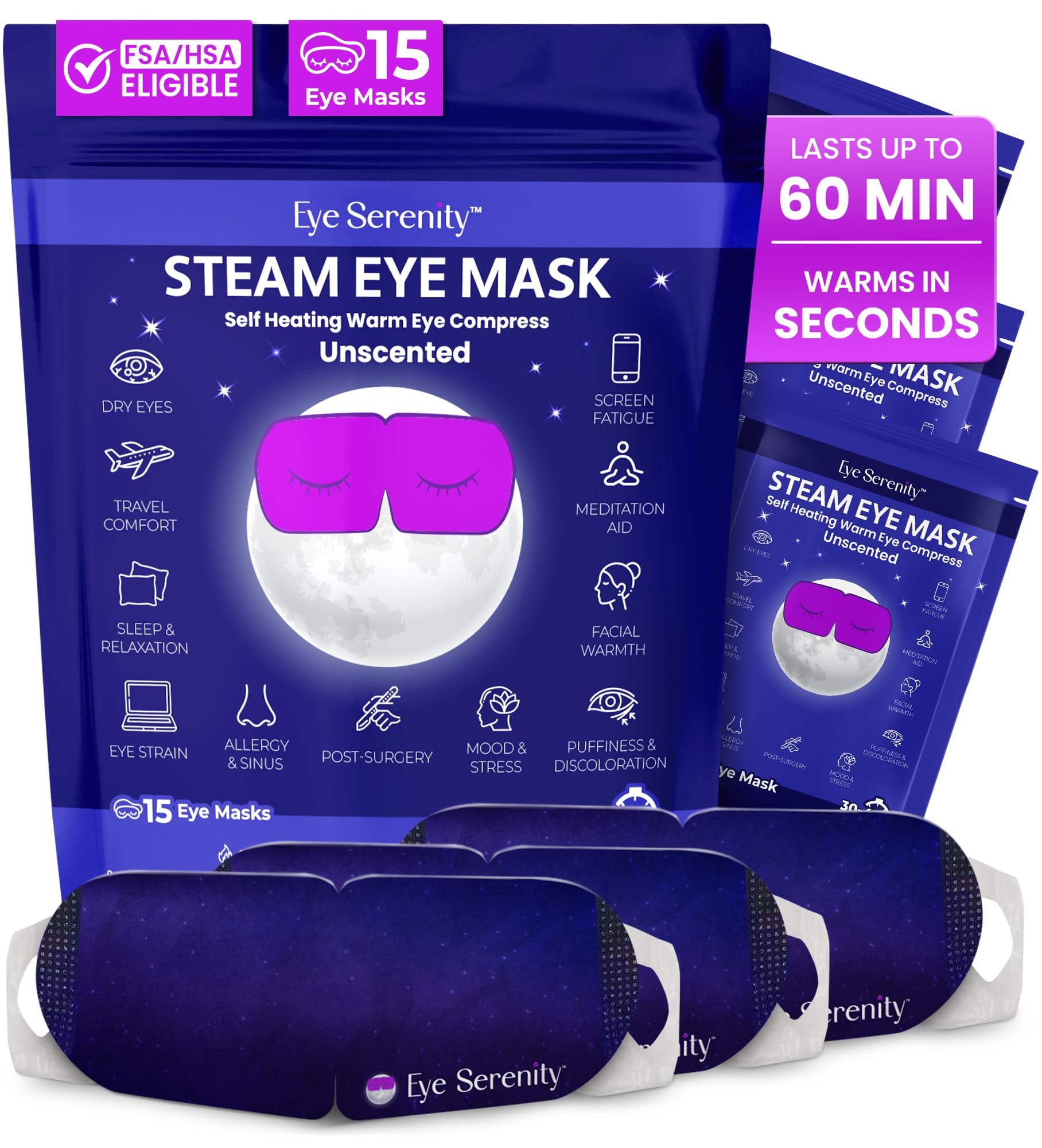 Self-heating steam eye mask being used as a warm compress to relieve dry eyes and puffiness.