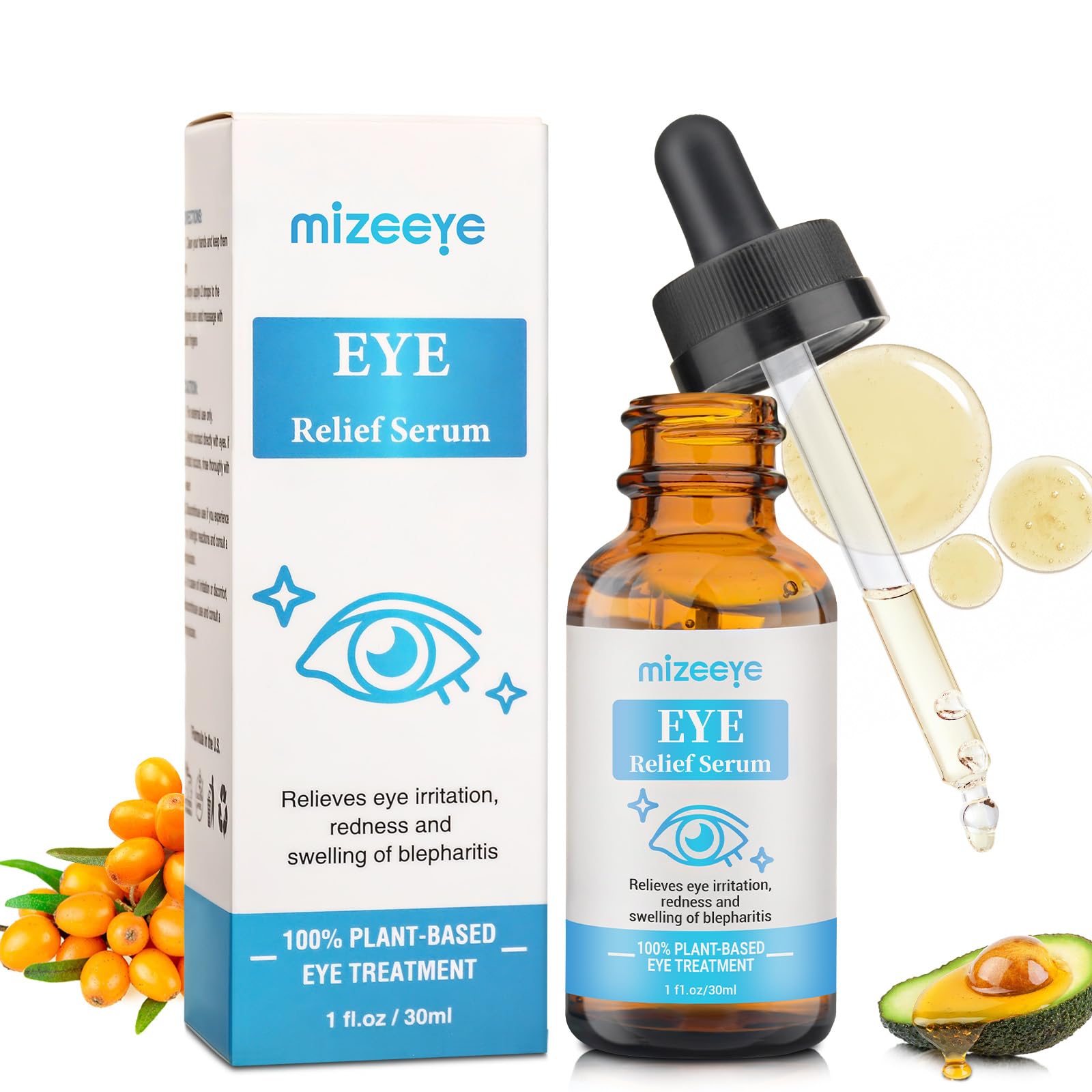 30ml bottle of soothing eyelid serum for chalazion and blepharitis relief featuring natural oils and caffeine.