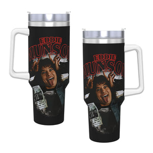 Two black travel mugs with a graphic of a character and 'Eddie Munson' text on a white background.