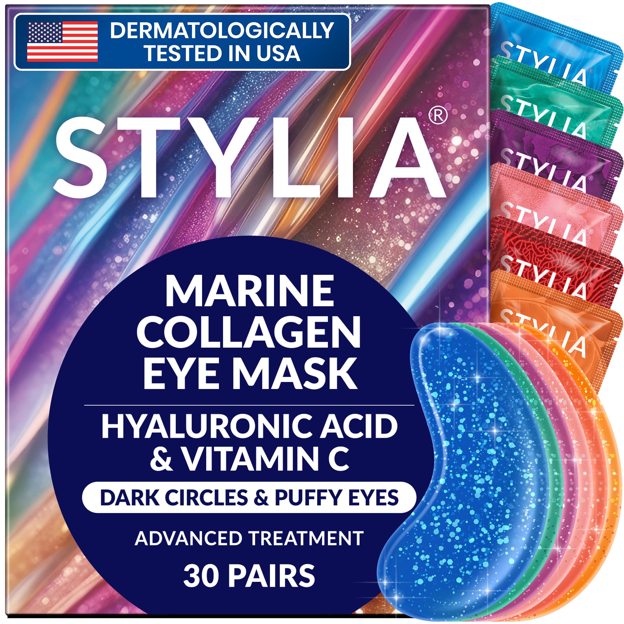 Box of 30 pairs of Stylia gold-tone Collagen and Vitamin C under-eye patches, designed for a bright and refreshed look.