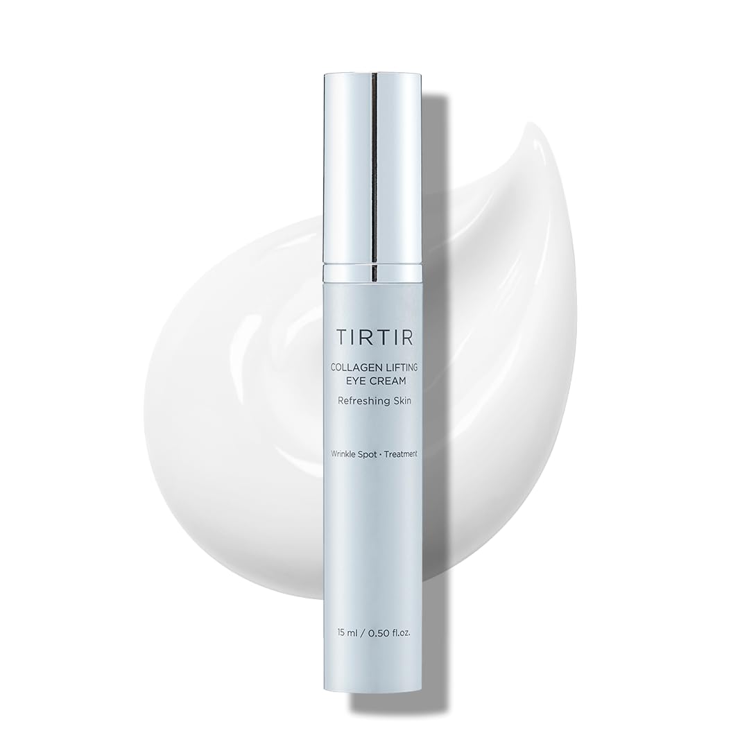 TIRTIR Collagen Lifting Eye Cream tube with metal roller applicator for wrinkle spot treatment and under eye lifting.