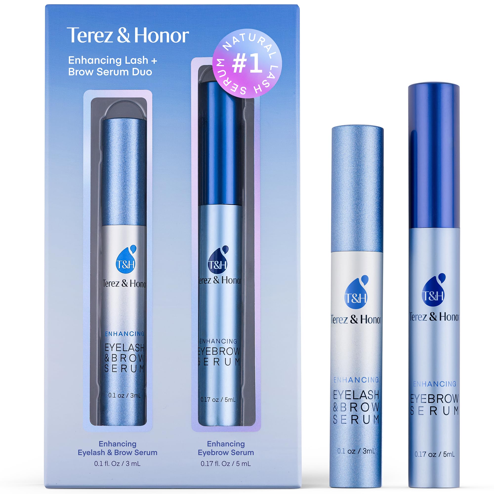 Terez & Honor Advanced Enhancing Eyelash and Eyebrow Serum Duo Pack showing two elegant serum tubes.