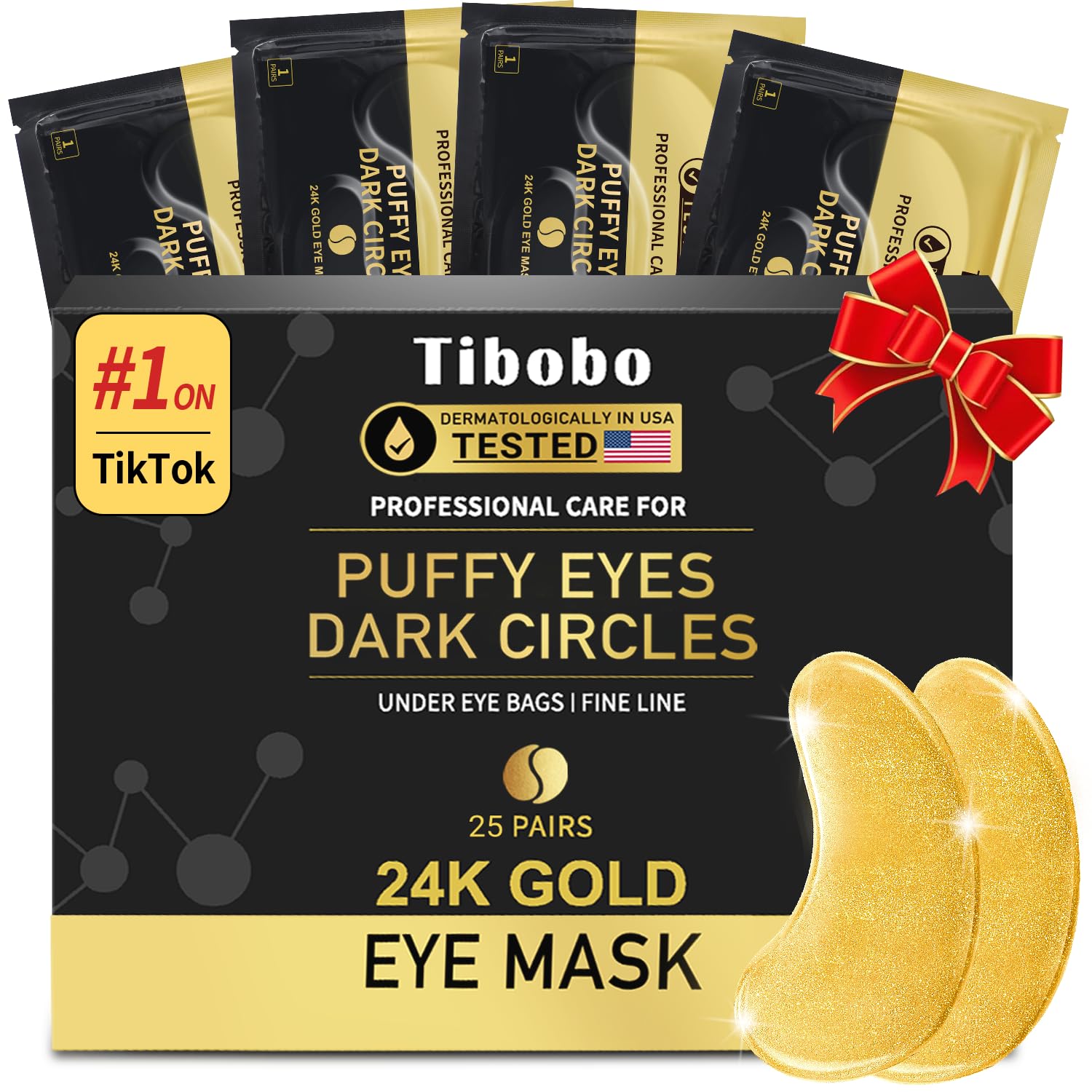 Box of 25 pairs of Tibobo 24K gold under-eye patches enriched with collagen for anti-aging and smoothing fine lines.