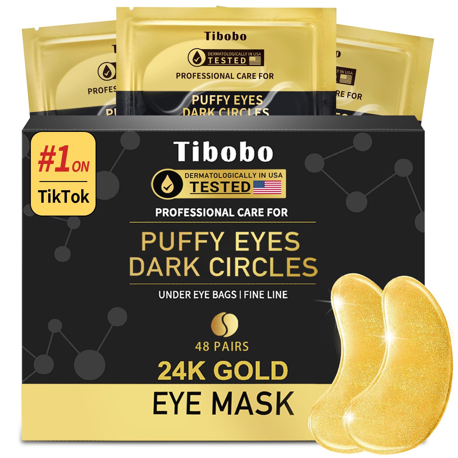 Box of 48 pairs of Tibobo 24K gold under-eye patches enriched with collagen for anti-aging and dark circle reduction.