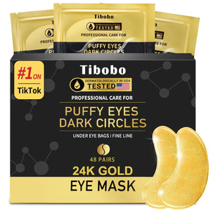 Box of 48 pairs of Tibobo 24K gold under-eye patches enriched with collagen for anti-aging and dark circle reduction.
