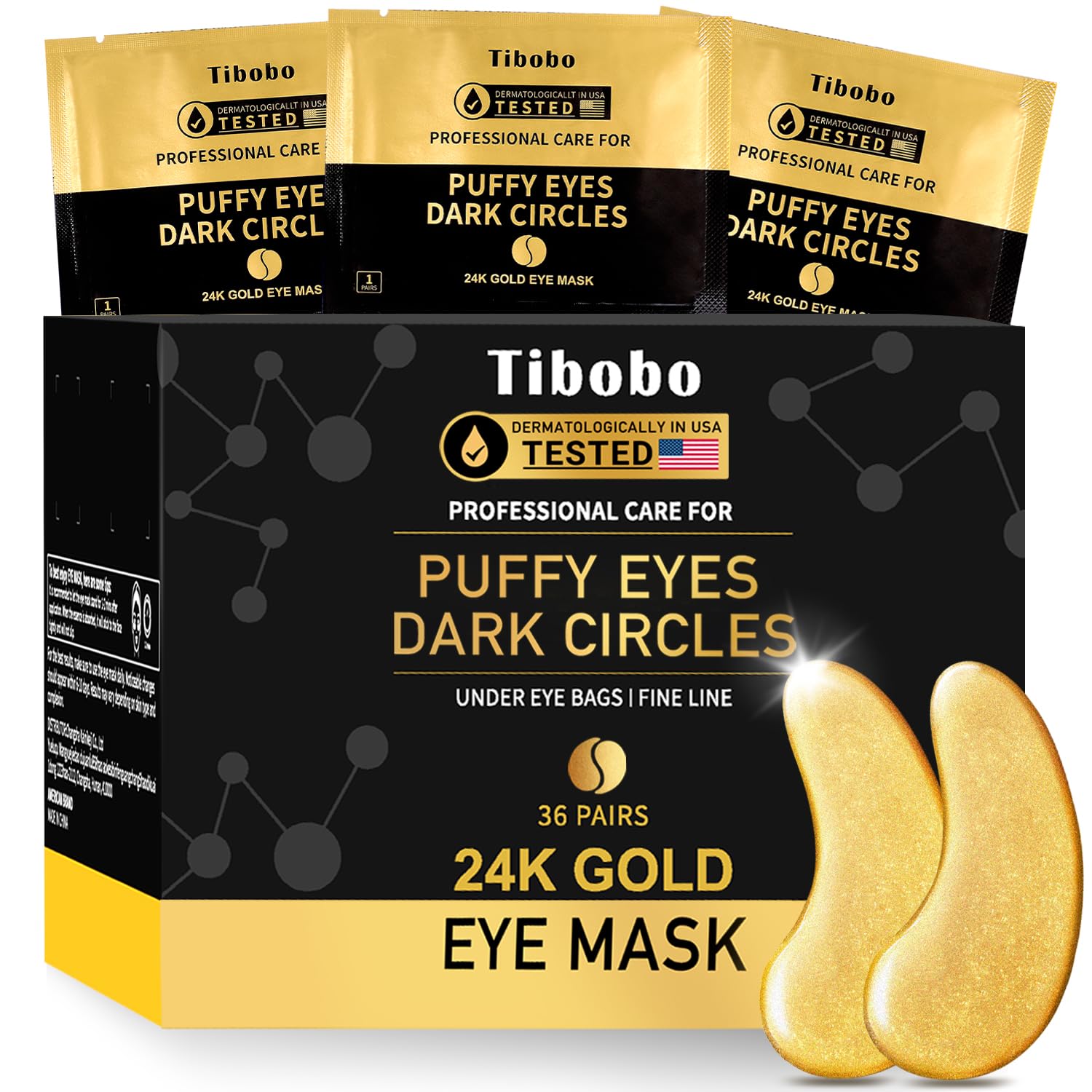 Box of 36 pairs of Tibobo 24K gold under-eye patches, vegan and USA tested for reducing dark circles and wrinkles.