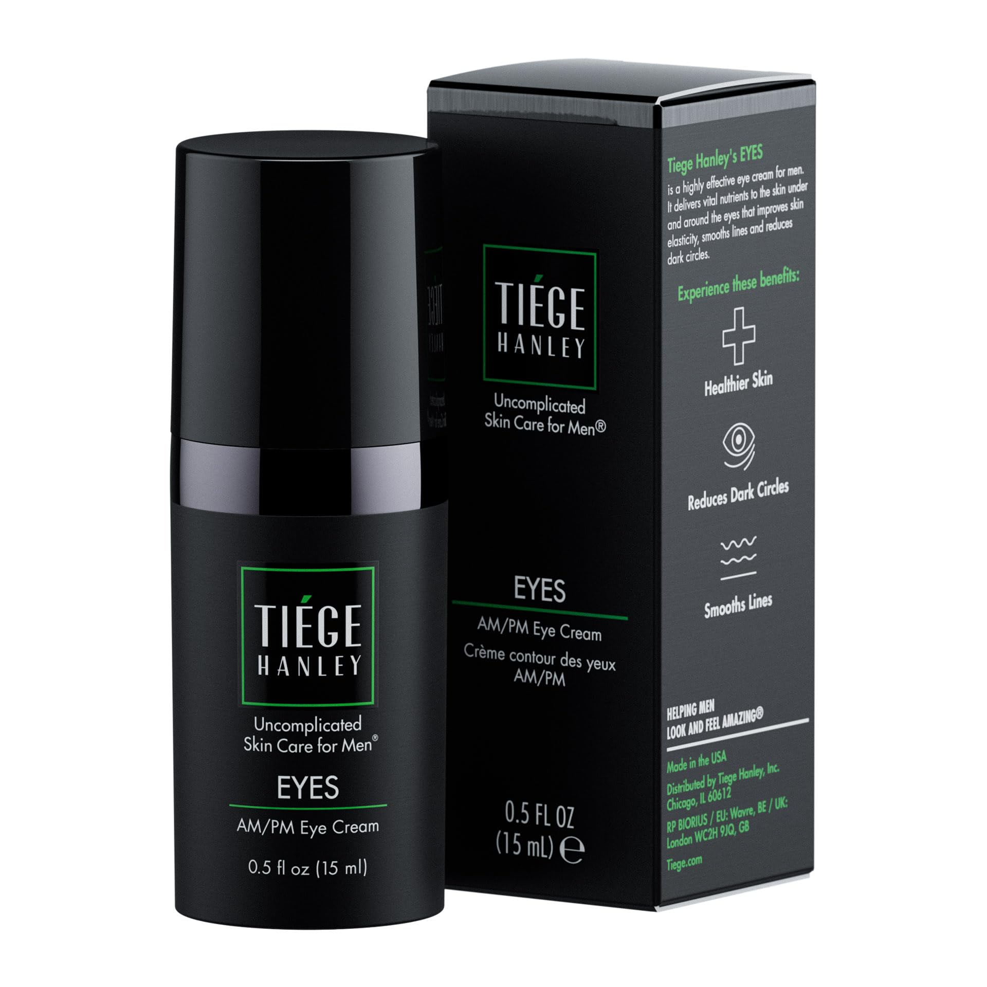 A single 0.5 oz tube of Tiege Hanley Eye Cream for Men, featuring a minimalist black design for professional male skincare.