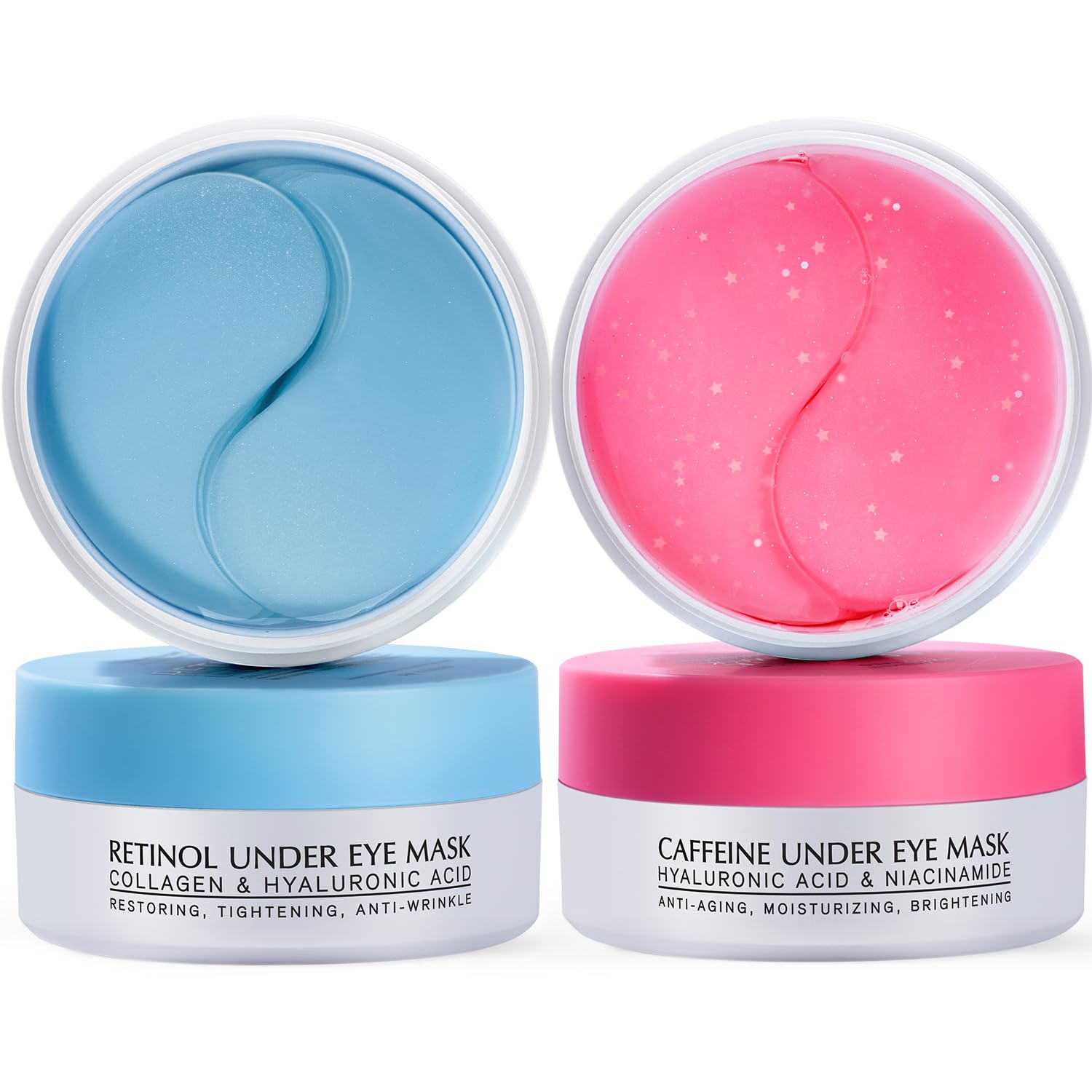 A 2-pack set of Retinol and Caffeine gel eye patches (120 pieces total) designed for intensive wrinkle repair and depuffing.