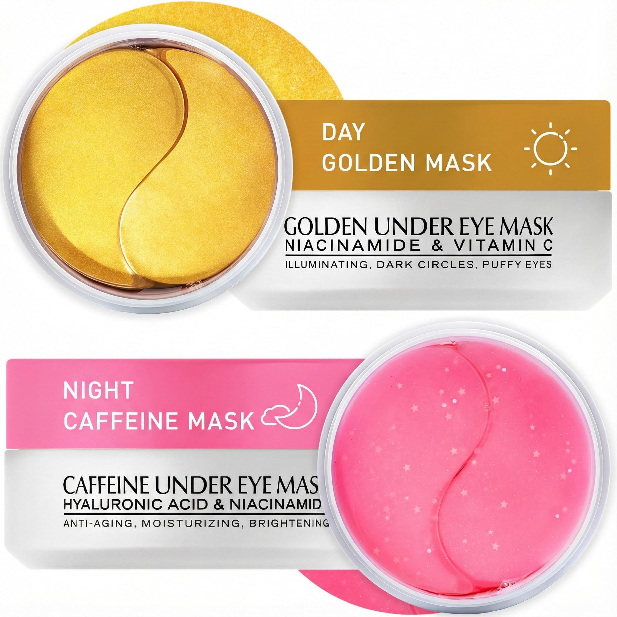 A 2-pack kit featuring Rosy Caffeine and 24K Gold under-eye patches, totaling 120 pieces for dark circles and anti-aging.