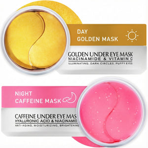 A 2-pack kit featuring Rosy Caffeine and 24K Gold under-eye patches, totaling 120 pieces for dark circles and anti-aging.