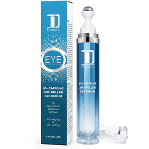 Upgraded Caffeine Eye Serum bottle for morning skincare treatment of dark circles and puffiness.