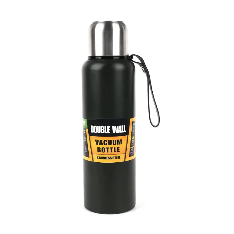 Black double wall vacuum bottle with a yellow label on a white background
