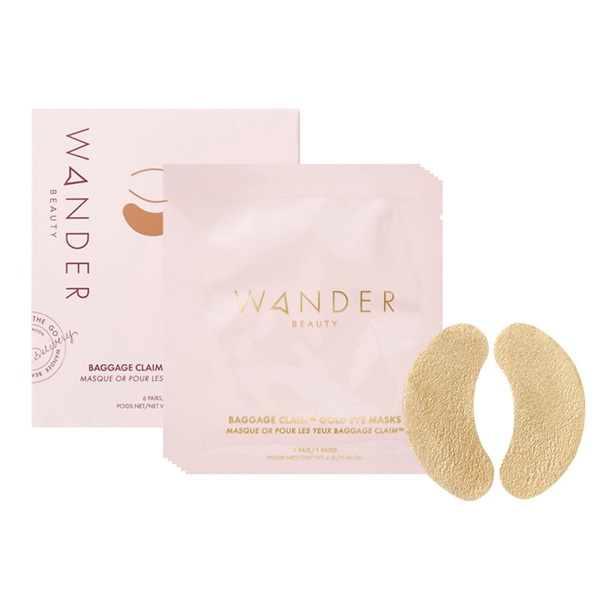 Wander Beauty Baggage Claim Gold Foil Under Eye Patches, featuring 6 pairs of luxury gold foil masks for a professional depuffing and brightening effect.