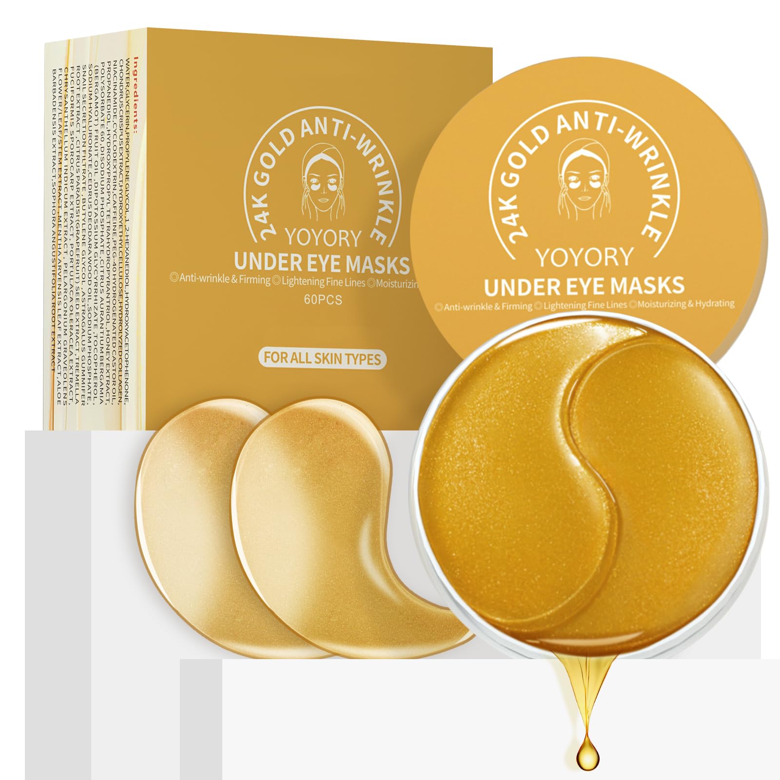 Jar of 60 gold-colored YOYORY 24K Gold under-eye patches for anti-aging and hydration.