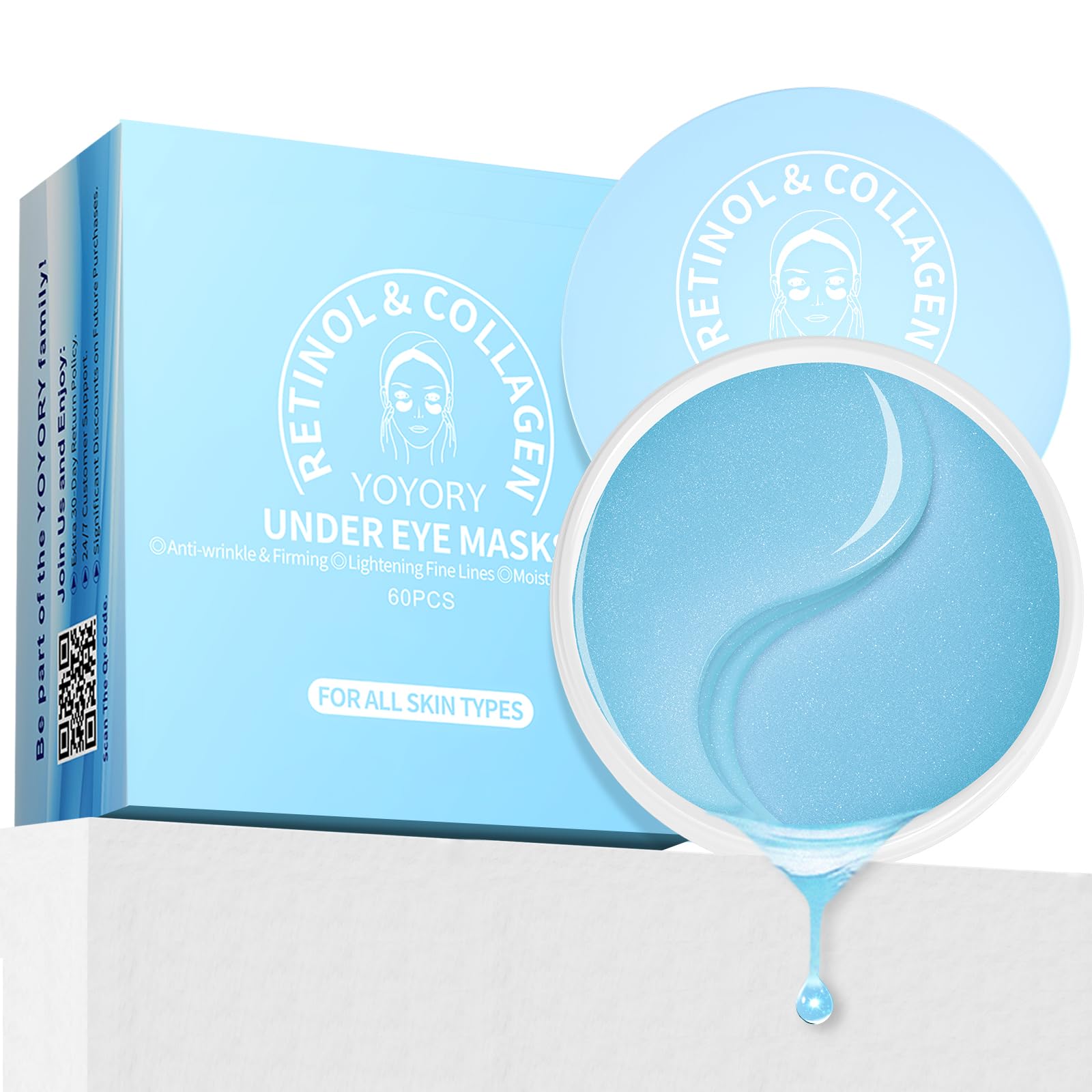 Jar of 60 blue YOYORY under-eye patches for cooling, hydrating, and reducing puffiness.