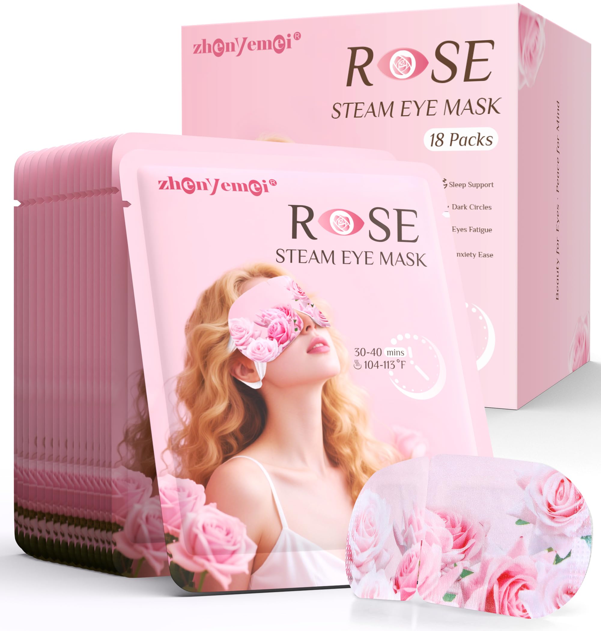 ZHENYEMEI Rose Heated Eye Mask packaging and individual sachets for self-heating eye relaxation and dry eye relief.