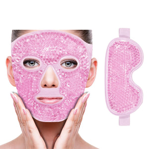 ZNÖCUETÖD 2-piece pink gel mask set featuring one full-face mask and one targeted eye mask with soft plush backing.