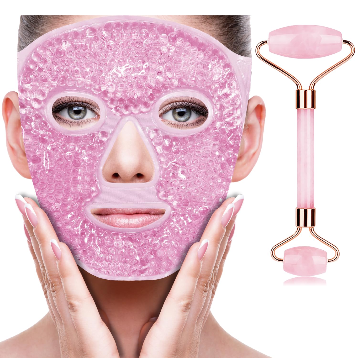 ZNÖCUETÖD beauty set featuring a pink ice roller, a natural jade roller, and a blue cooling gel eye mask for facial massage.
