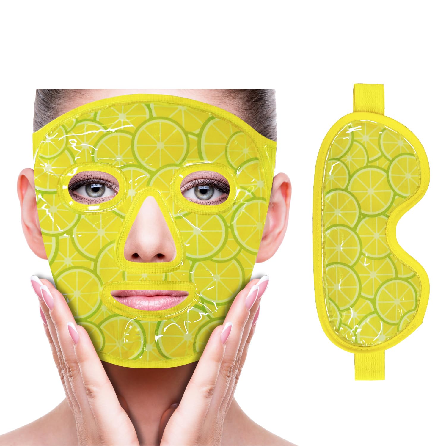 ZNÖCUETÖD lemon yellow gel eye mask with soft plush backing for cold therapy.