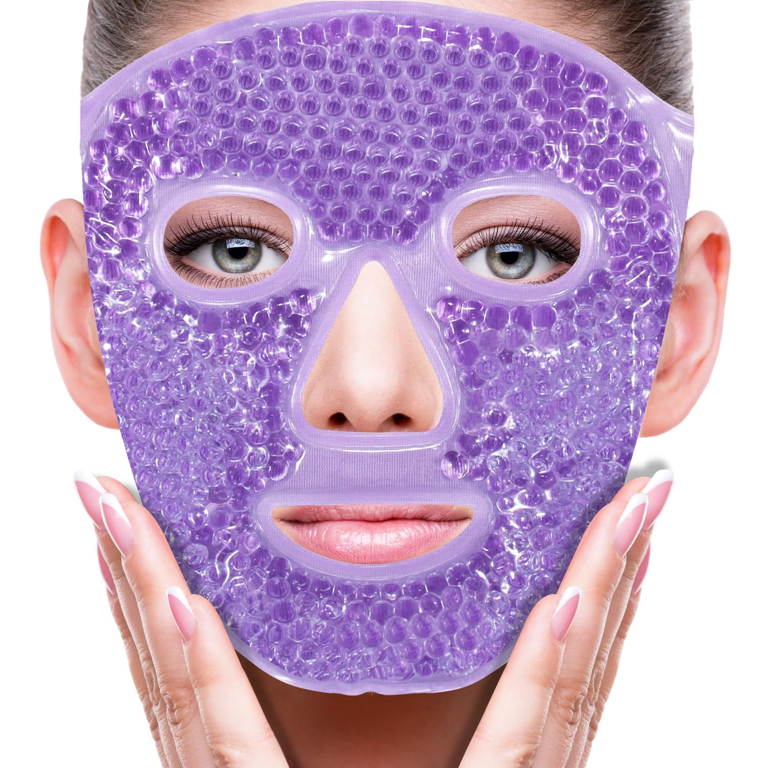 ZNÖCUETÖD blue gel full-face mask with adjustable straps, used for hot and cold therapy to reduce swelling after dental or plastic surgery.