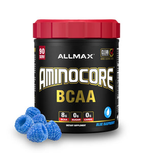 ALLMAX AminoCore BCAA powder blue raspberry sugar free amino acids B vitamins muscle recovery endurance 90 servings supplement