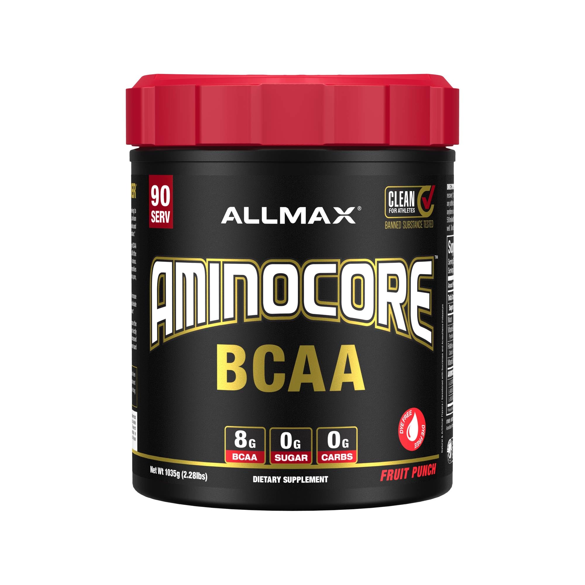 ALLMAX AminoCore BCAA powder fruit punch sugar free amino acids B vitamins muscle recovery endurance 90 servings supplement