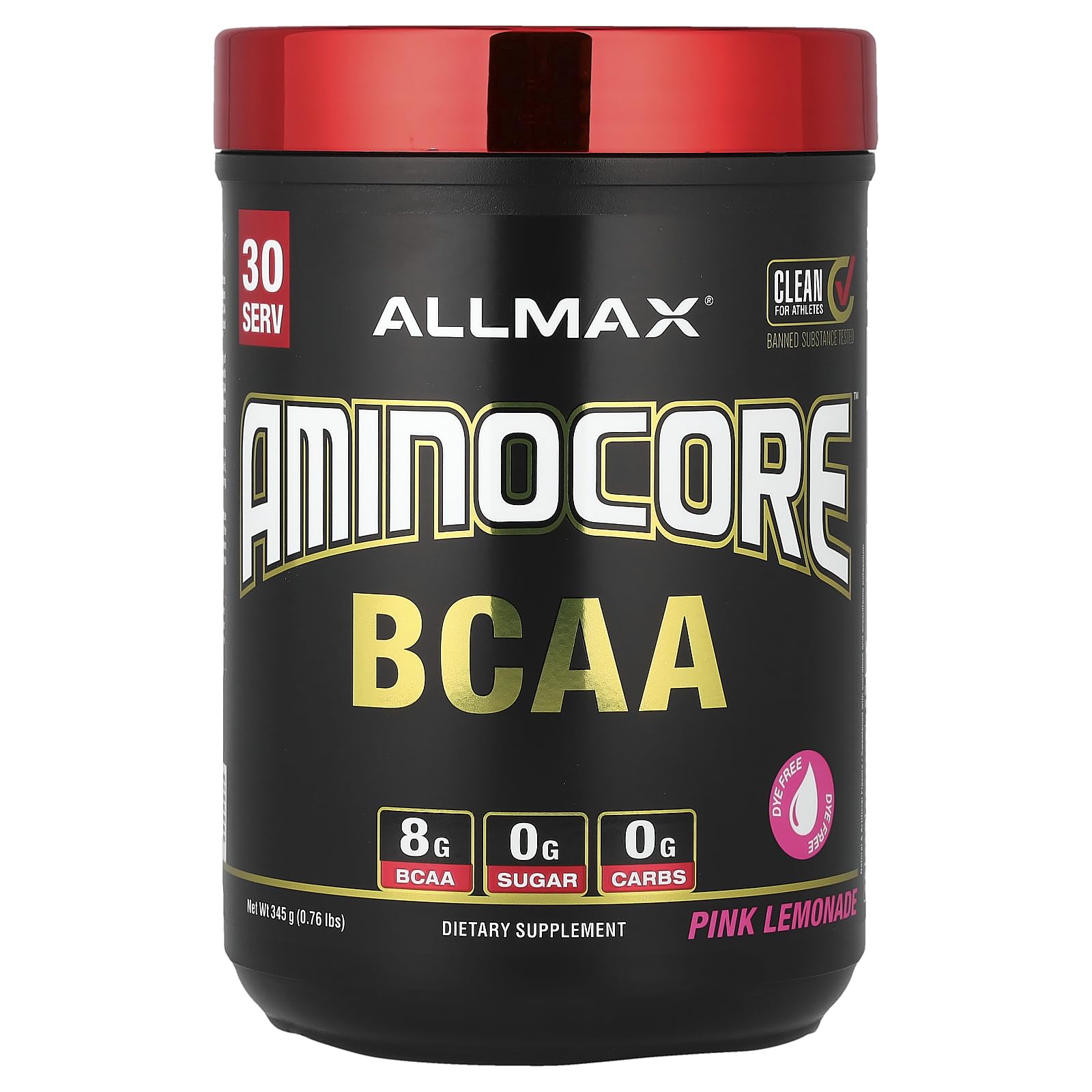 ALLMAX AminoCore BCAA powder pink lemonade sugar free amino acids B vitamins muscle recovery endurance 30 servings supplement
