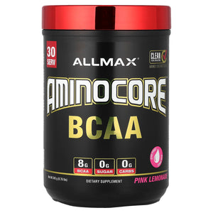 ALLMAX AminoCore BCAA powder pink lemonade sugar free amino acids B vitamins muscle recovery endurance 30 servings supplement