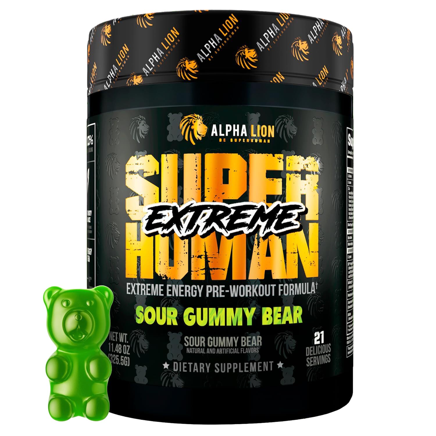 Alpha Lion Superhuman Extreme pre workout sour gummy bear flavor high stim caffeine beta alanine taurine citrulline 21 servings