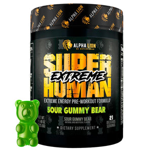 Alpha Lion Superhuman Extreme pre workout sour gummy bear flavor high stim caffeine beta alanine taurine citrulline 21 servings
