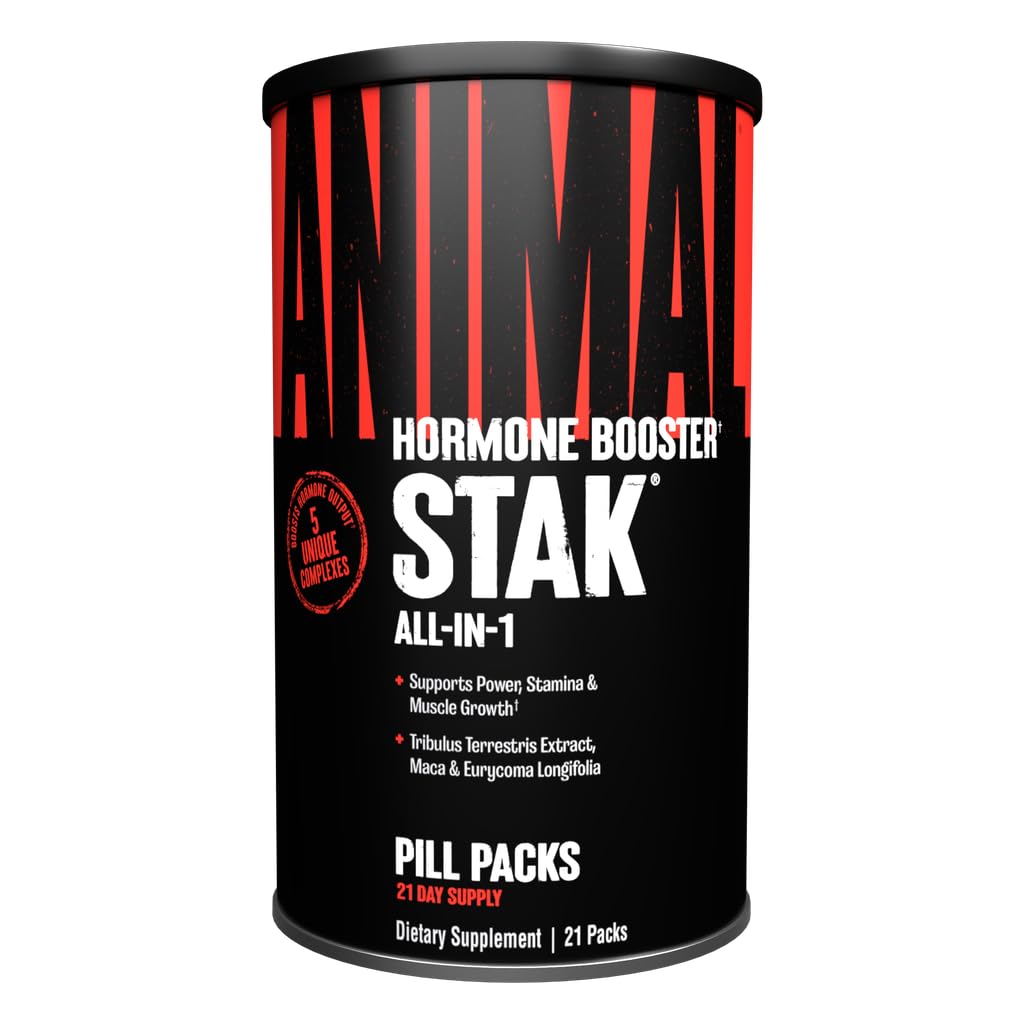 Animal Stak natural testosterone booster supplement for athletes with Tribulus estrogen blockers hormone support 1 month cycle capsules bottle
