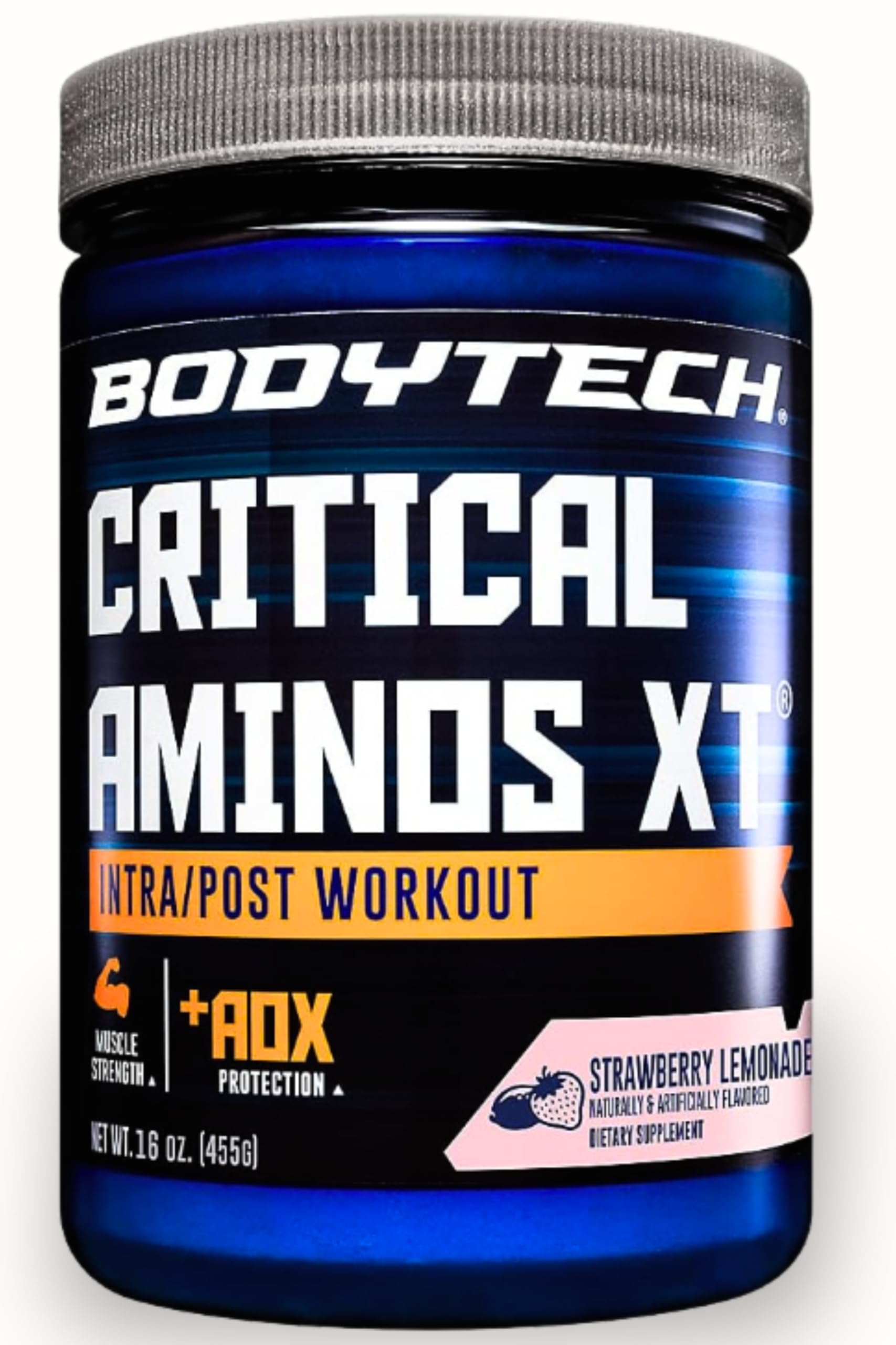 BodyTech Critical Aminos XT amino acid powder strawberry lemonade EAA glutamine citrulline carnitine pre post workout 45 servings supplement
