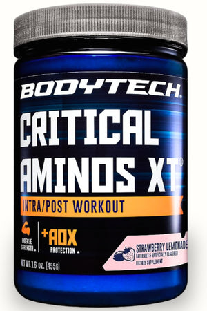 BodyTech Critical Aminos XT amino acid powder strawberry lemonade EAA glutamine citrulline carnitine pre post workout 45 servings supplement
