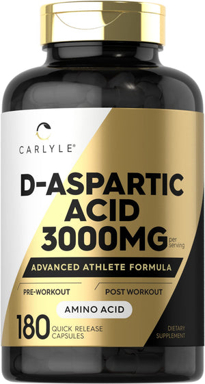 Carlyle D-Aspartic Acid 3000mg DAA supplement capsules athletic performance non GMO 180 count