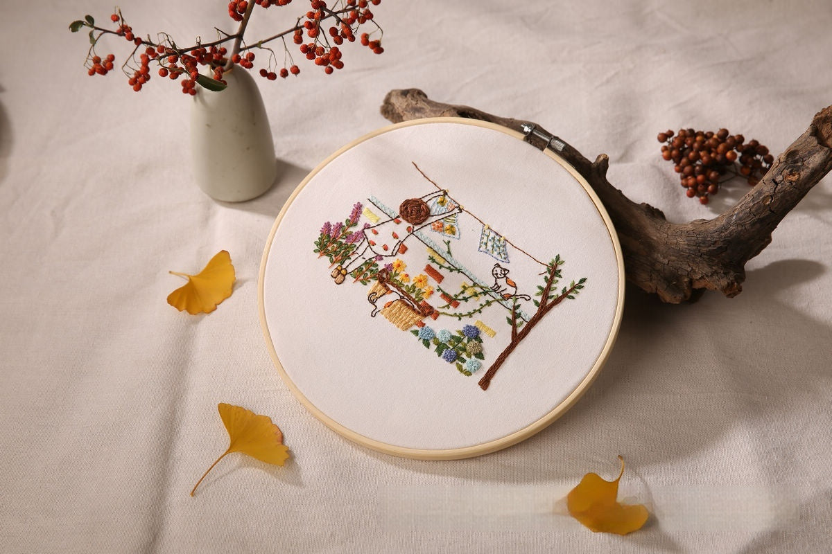 DIY Embroidery Kit Floral Fabric Sewing Kit 20cm Hoop Chinese Style