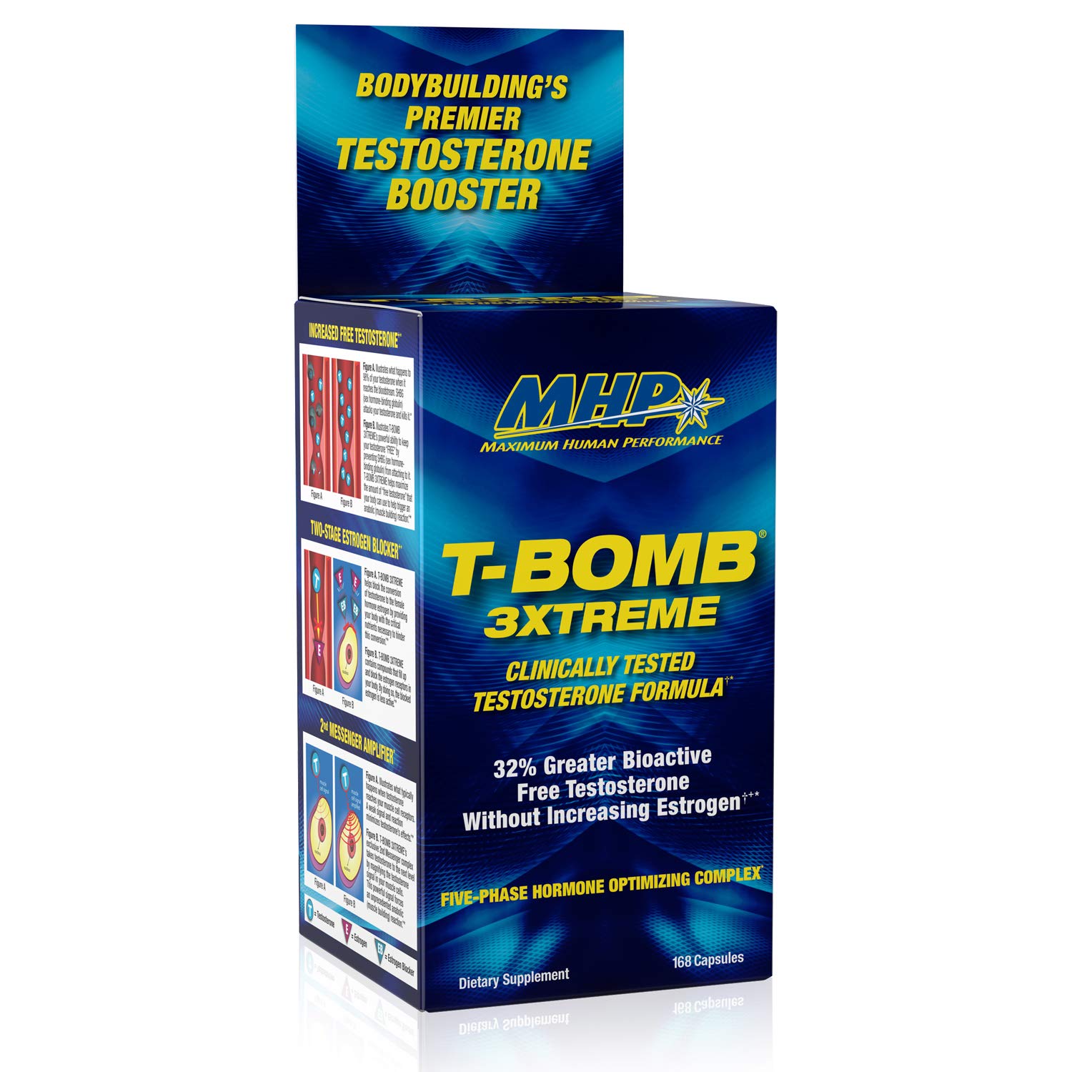 MHP T-Bomb 3Xtreme testosterone booster tablets men libido energy strength performance support clinically tested 168 count bottle