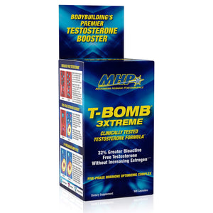 MHP T-Bomb 3Xtreme testosterone booster tablets men libido energy strength performance support clinically tested 168 count bottle