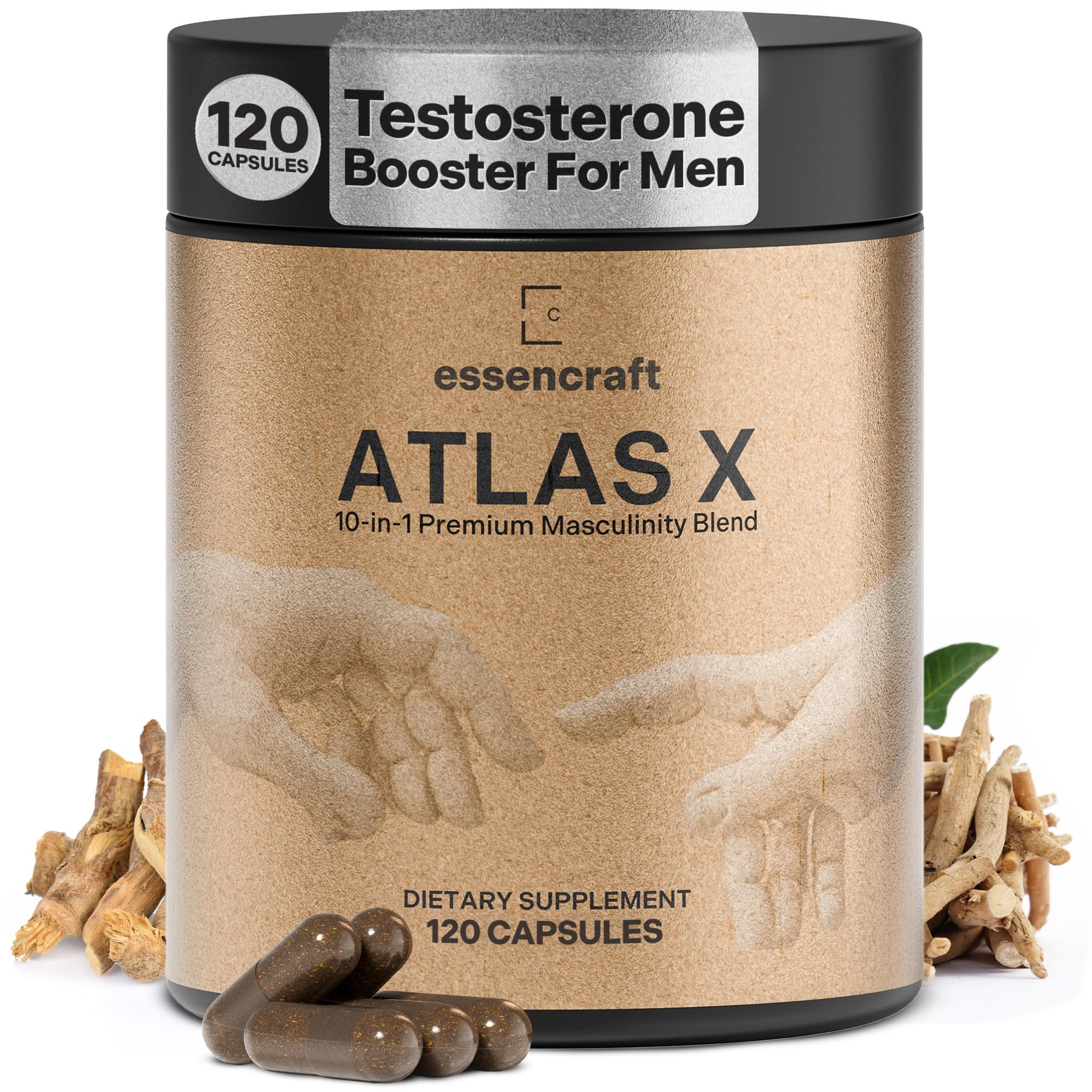 Essencraft Atlas X testosterone booster for men 10-in-1 supplement with Shilajit Zinc Tongkat Ali muscle strength and performance capsules