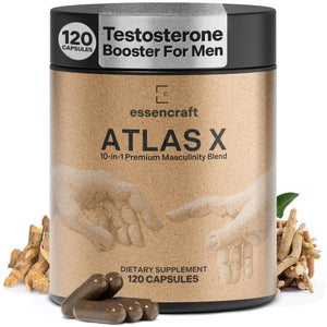 Essencraft Atlas X testosterone booster for men 10-in-1 supplement with Shilajit Zinc Tongkat Ali muscle strength and performance capsules