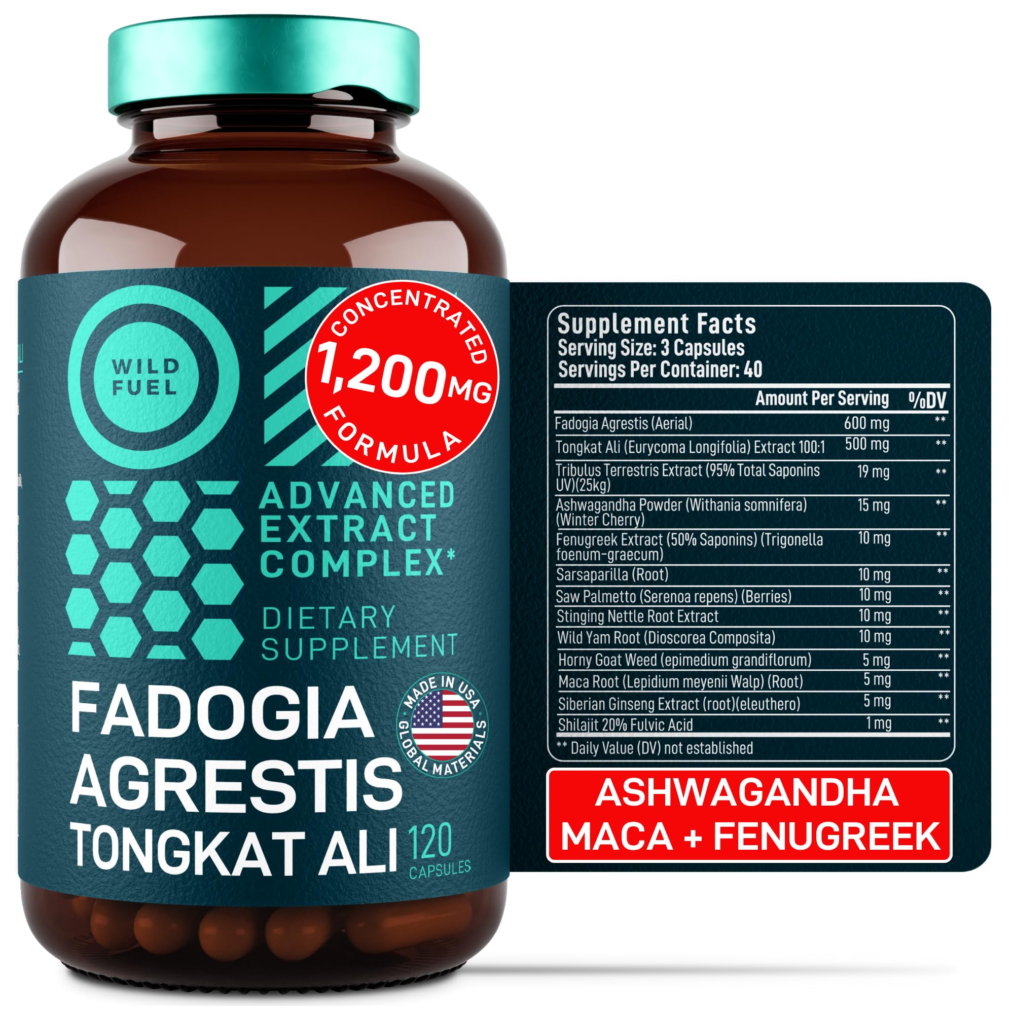 Fadogia Agrestis Tongkat Ali capsules men 600mg Fadogia 500mg Longjack Ashwagandha Maca Fenugreek energy muscle strength mood support 120 capsules bottle