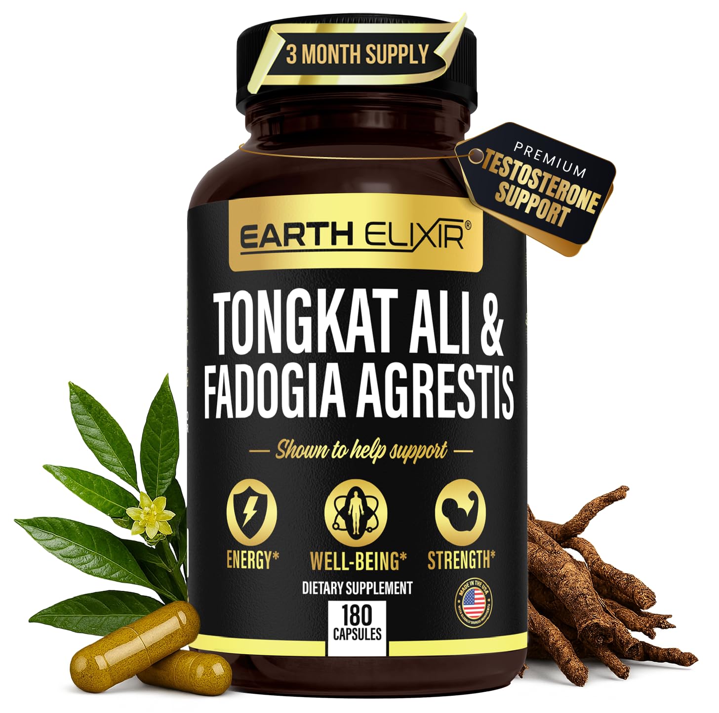 Earth Elixir Fadogia Agrestis Tongkat Ali capsules men women energy strength vitality testosterone support USA made third party tested 3 month supply bottle